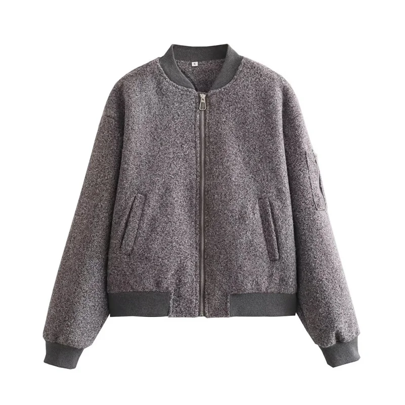 Woman Casual Gray Loose Wool Bomber Jacket 2023 Autumn Winter