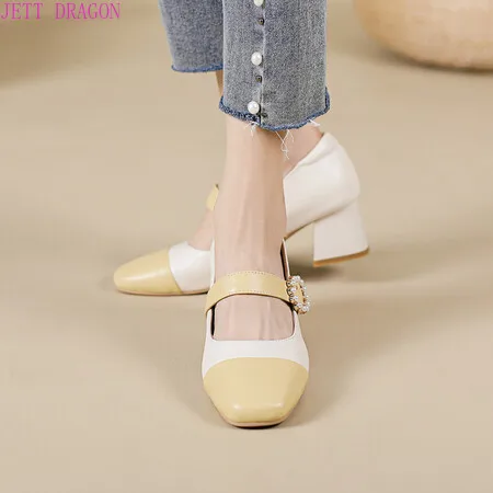 Women's Mary Jane Shoes Casual Fashion Mixed Color Leather Buckle High Heels Autumn New Elegant Dress Sweet Ladies Bridal Shoes
