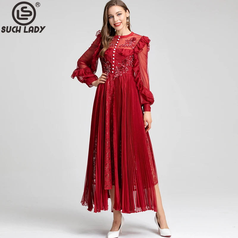 

Women's Dresses O Neck Ruffles Long Lantern Sleeves Embroidery Beaded Elegant Fashion Maxi Party Prom Gown