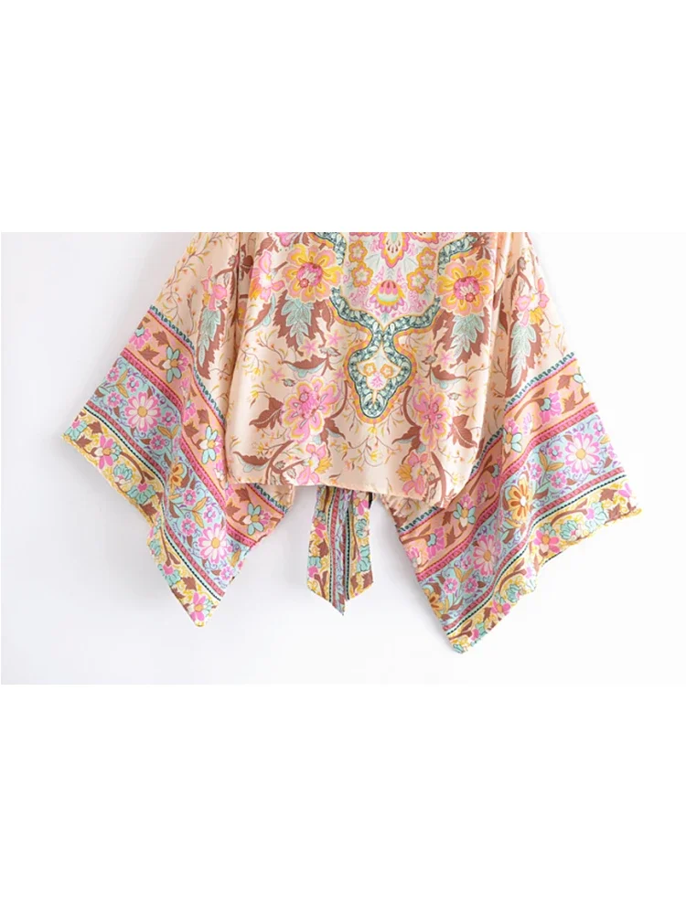 Vintage Peacock Floral Print Short Kimono Women Fashion Rayon Cotton Batwing Sleeves Ladies Beach Robe Bikini Boho Cover-ups 3