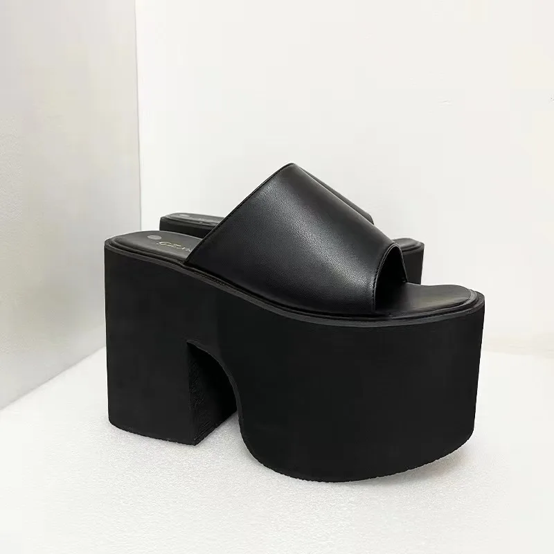 13cm Chunky Heeled Slippers Black Platform Sandals Women High Heels Summer Patent Leather Ladies Shoes Vrouw Slippers Zapato