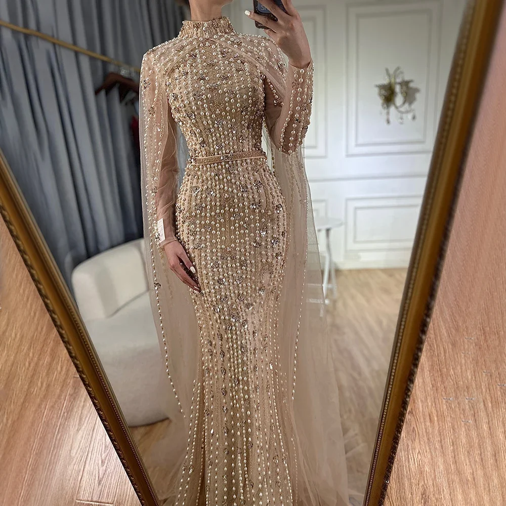 Serene Hill Muslim Nude Mermaid Cape Sleeves Pearls Beaded Luxury Dubai  Evening Dress Gown 2025 Wedding Party Customize BLA72372 - AliExpress 320