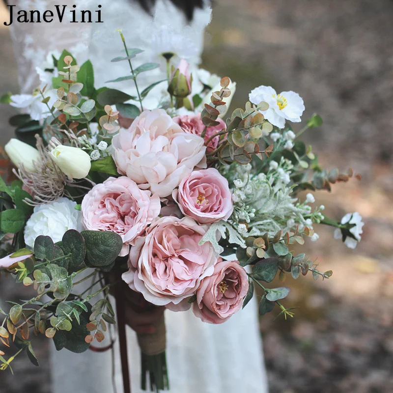 Tanio JaneVini Dusty różowe kwiaty bukiety ślubne jedwab, w stylu