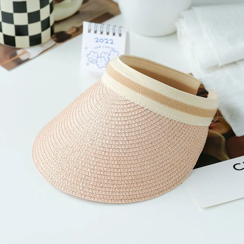 Sun Hat Women One Size Handmade Lafite Grass Straw Visor Empty Top For Outdoor UV Protection Beach