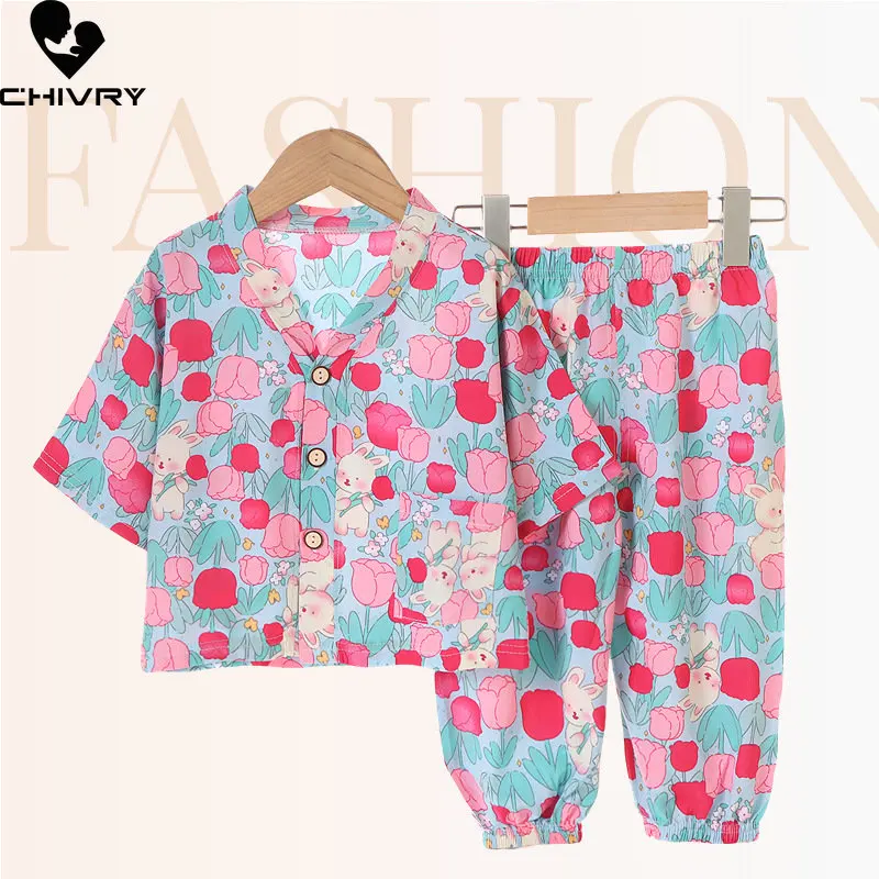 Pyjama d'été à manches courtes et col en V pour enfant, ensemble de vêtements fins pour garçon et fille, chemise à motif de dessin animé, avec pantalon, pour dormir