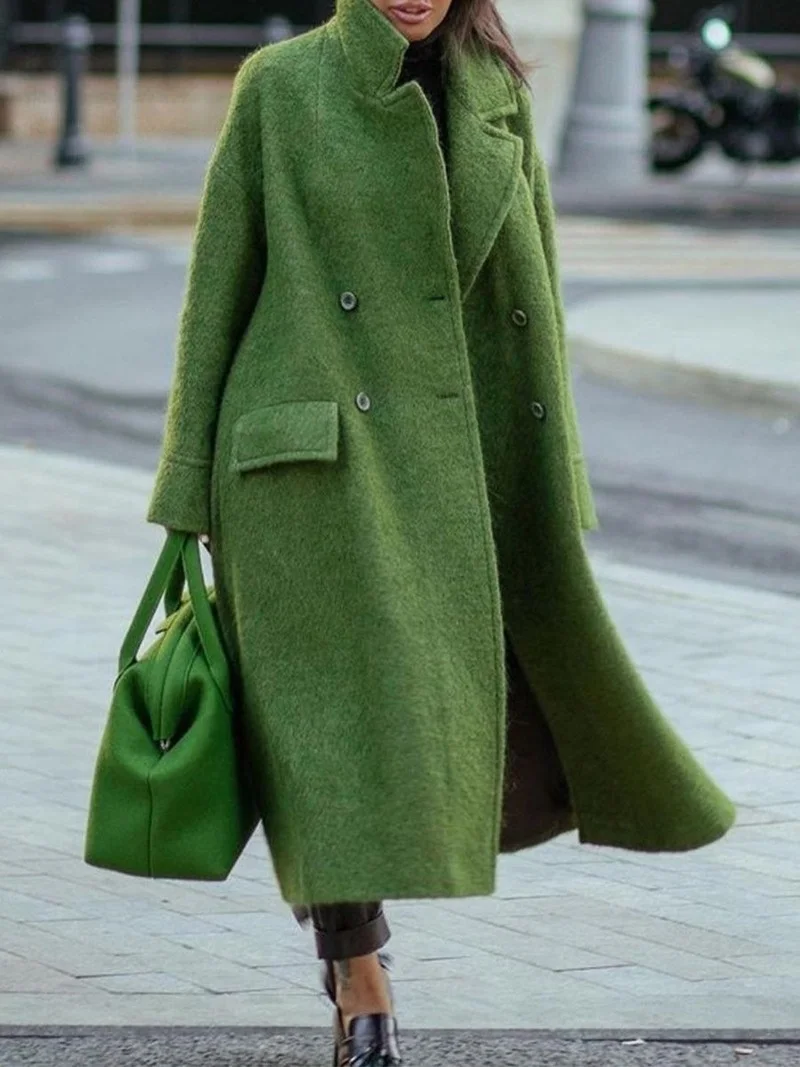 

Women Solid Color Temperament Commuter Beltless Lapel Loose-fitting Wool Green Coats 2023 Autumn Winter Long Jacket Windbreaker