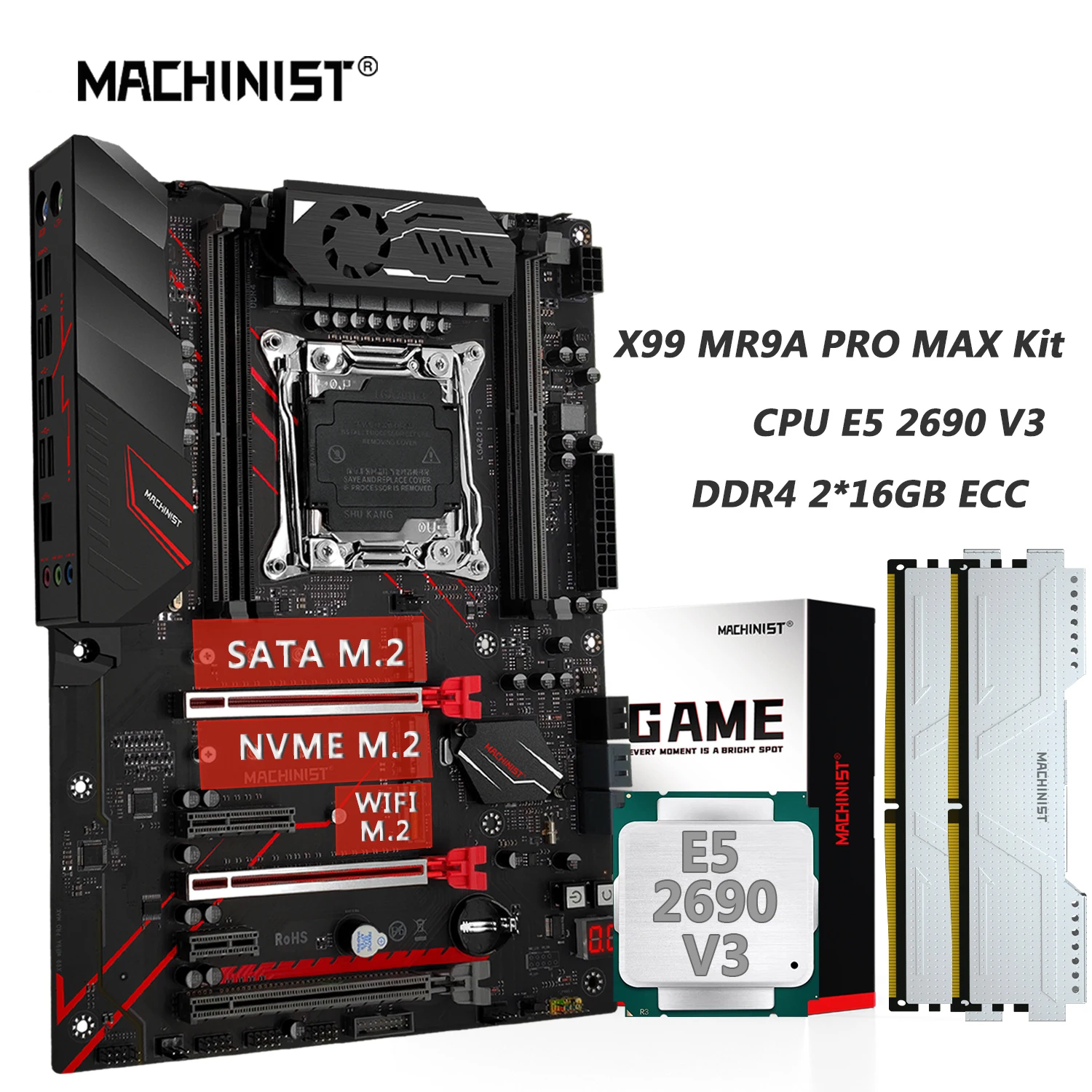 MACHINIST X99 Motherboard Combo LGA 2011-3 Xeon E5 2690 V3 Kit CPU DDR4 RAM 2*16GB Memory USB 3.0 NVME M.2 four channel MR9A PRO