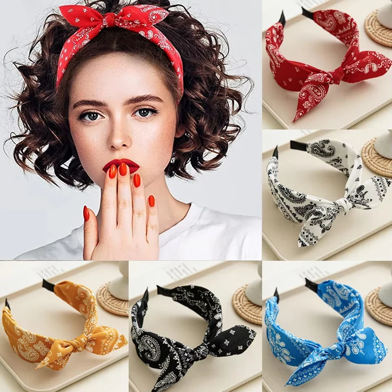 Paisley bandana headband for women, top knot bow hairbands, cute bunny ear turban, hair tie accessories for girls.