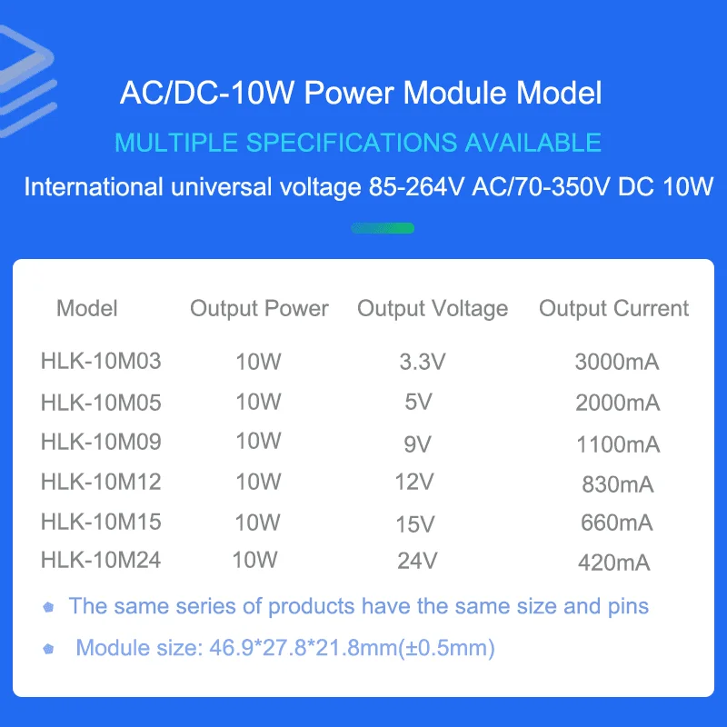 HLK-10M03 10M05 10M09 10M12 10M15 10M24 AC DC switch power supply module Manufacturer 110V 220V to 3.3V 5V 9V 12V 15V 24V 10W
