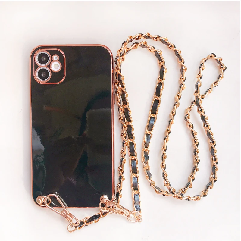 Elegant Crossbody Leather Phone Case with Metal Chain Necklace