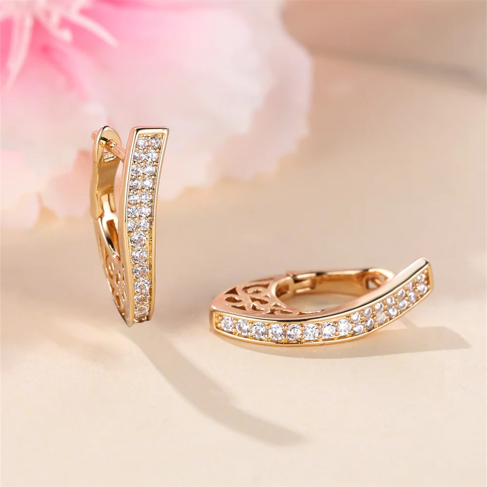 Geometric Hollow White Zircon Small Hoop Earrings For Women Vintage Gold Color Ear Buckle Wedding Jewelry Engagement Party Gift