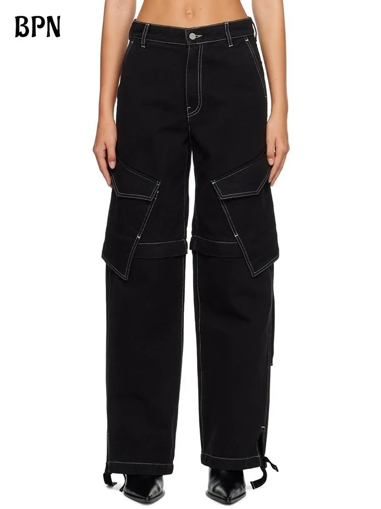 BPN Patchwork Pockets Denim Pant For Women High Waist Spliced Single Button Casual Loose Soild Wide Leg Jeans Female Fashion New