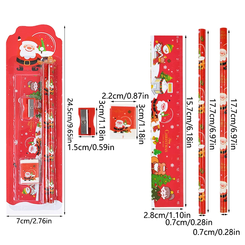 Christmas Stationery Set Kids Cartoon Pencils Eraser Ruler Sharpener Kit Office School Supplies Back To School Gift Kids Rewards