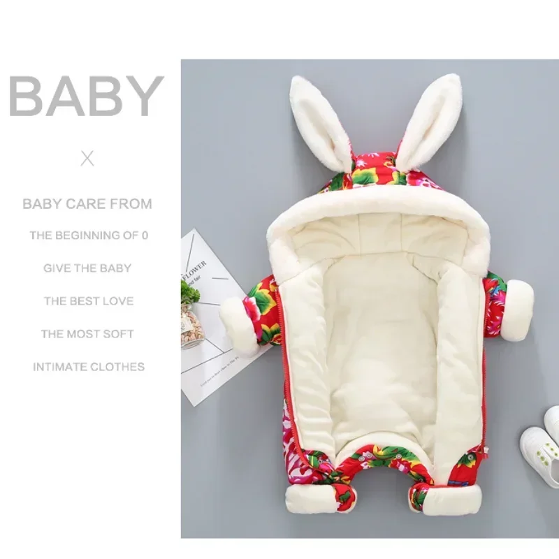 Chinese Traditioal New Year Newborn Northeast Flower Cotton-padded Bodysuit Baby Cotton-padded Warm Tang Suit Romper with A Hat