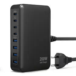High - Power 8 - Port USB - C Fast Charging Station with 200W PD Output - Black (UK Plug)