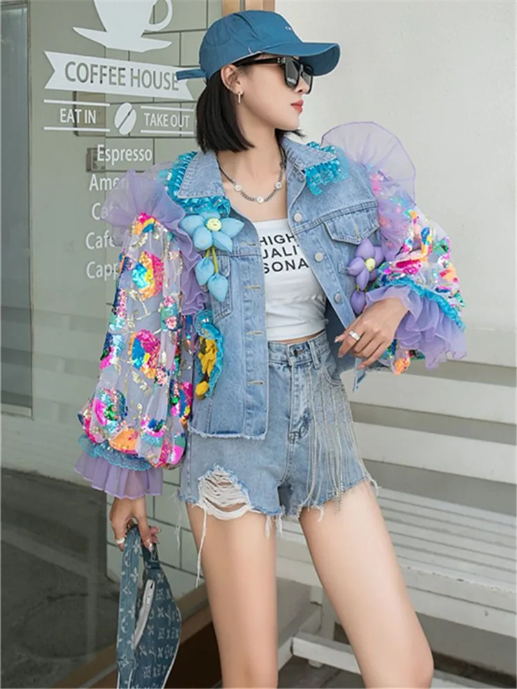

2023 New Heavy Lndustry Stitching Mesh Lantern Sleeve Contrast Fashion Color Denim Jacket Women's Short Lace Cartoon Sequin