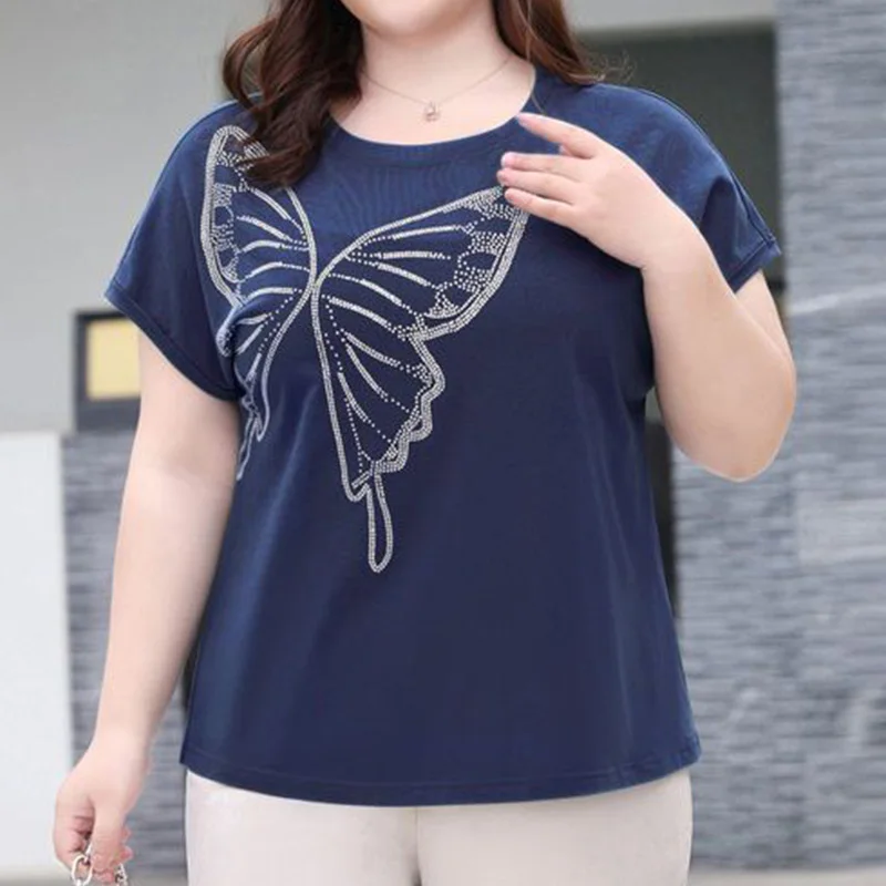 Fashion Royal Blue Plus Size Pullover Tops Summer Clothes for Women Diamonds Splicing Butterfly Short Sleeve Loose T-Shirt Trend