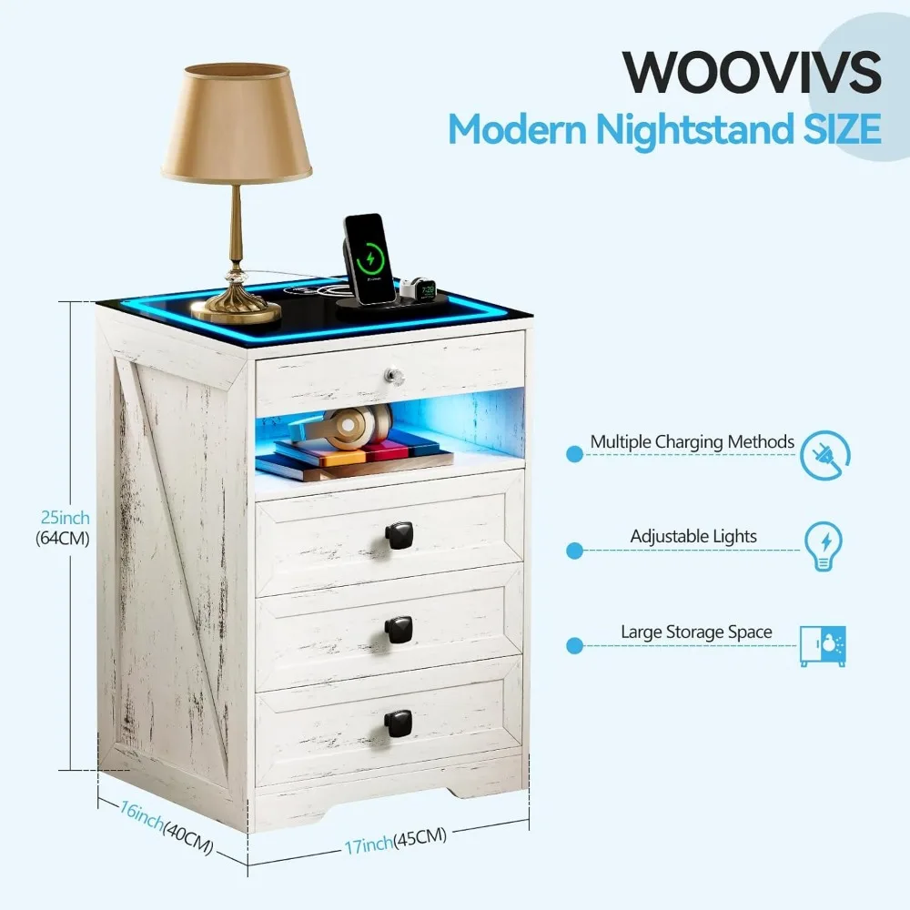 Night Stand Set 2 with Gun Drawer, Modern Nightstand with Wireless Charging Station, Smart Bedside End Table with Glass Top&4 Dr 3