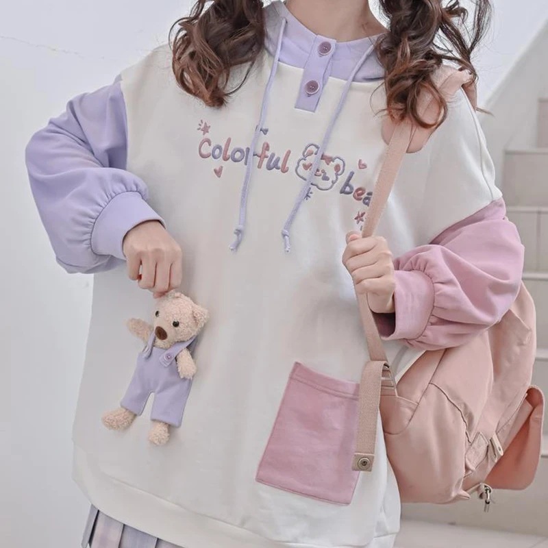 Kawaii Bear Plush Toys Hooded Sweatshirts 2024 Autumn Long Sleeve Top Sweet Girls Clothes Patchwork Hoodies Femme Harajuku Kpop