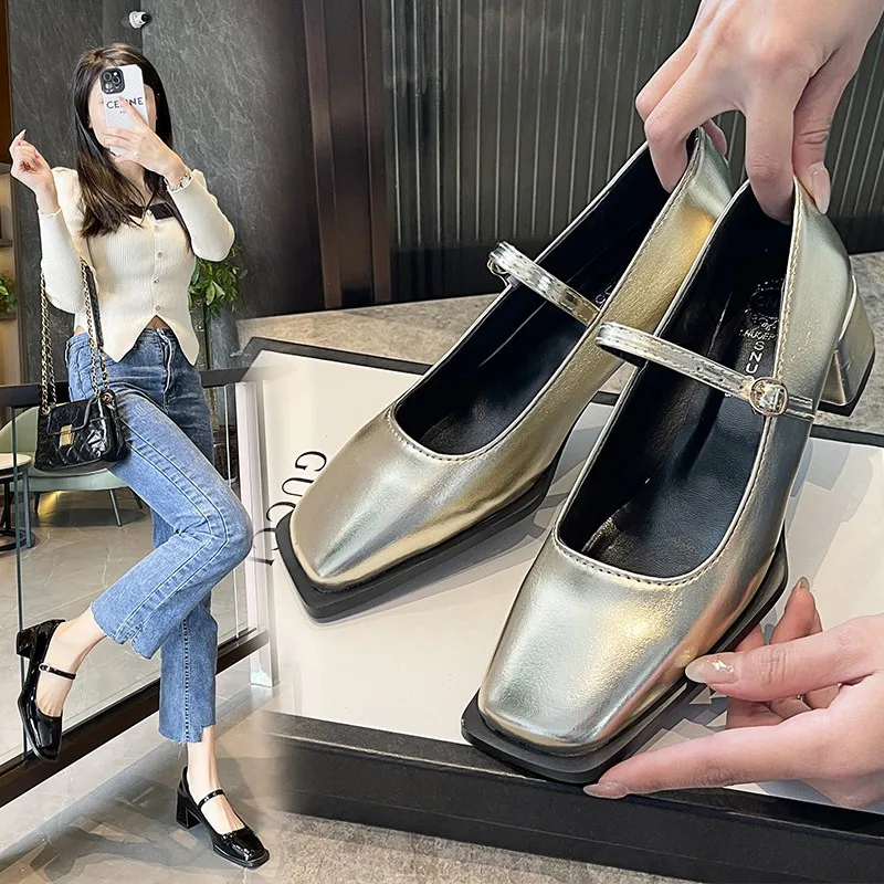 Silver Shoes Spring  New Women Shoes with Square Toe and Low Heels Mary Jane Shoes with Shallow Heels.