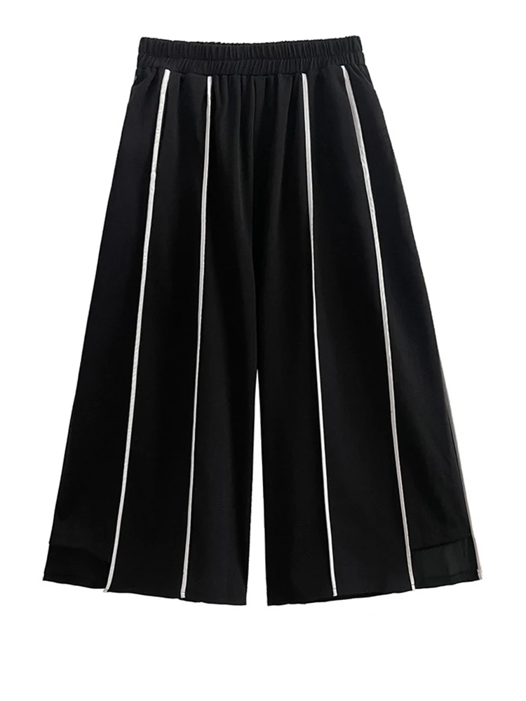 [EAM] High Elastic Waist Black Striped Long Wide Leg Pants New Loose Fit Trousers Women Fashion Tide Spring Autumn 2026 1DF1509