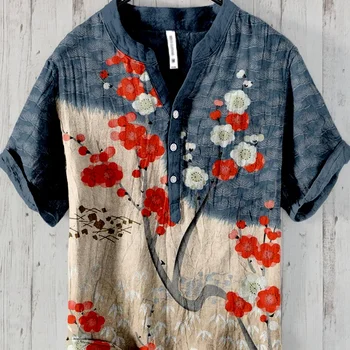 Henry Shirt-2024 Summer Man v neck Short sleeved T-shirt casual printed shirt elegant and comfortable top new clothing S-5XL