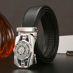 Men's Luxury Leather Belt with Automatic Golden Rhinestone Buckle (Silver)