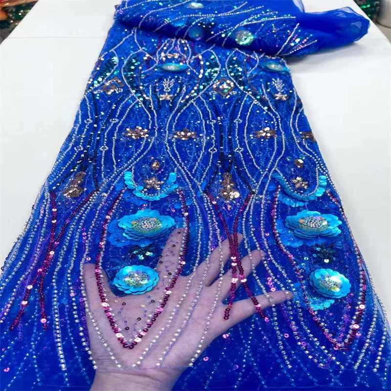 

African High Quality Lace Fabric 2023 Blue French Net Sequins Fabric Sewing Embroidered Lace in Tulle Nigeria Fabric 5 Yards
