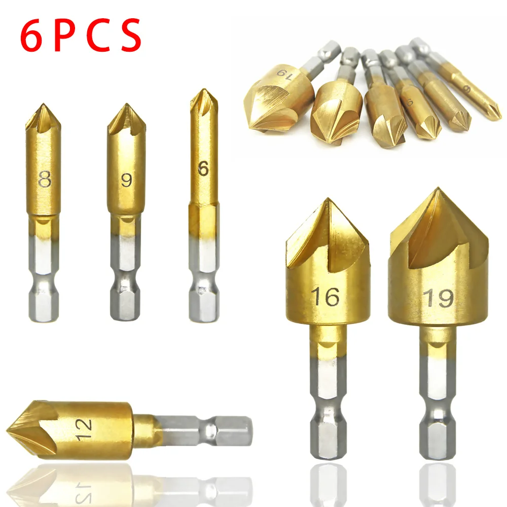 3/6pcs Countersink Drill Bit Set 1/4'' Hex Shank HSS 5 Flute