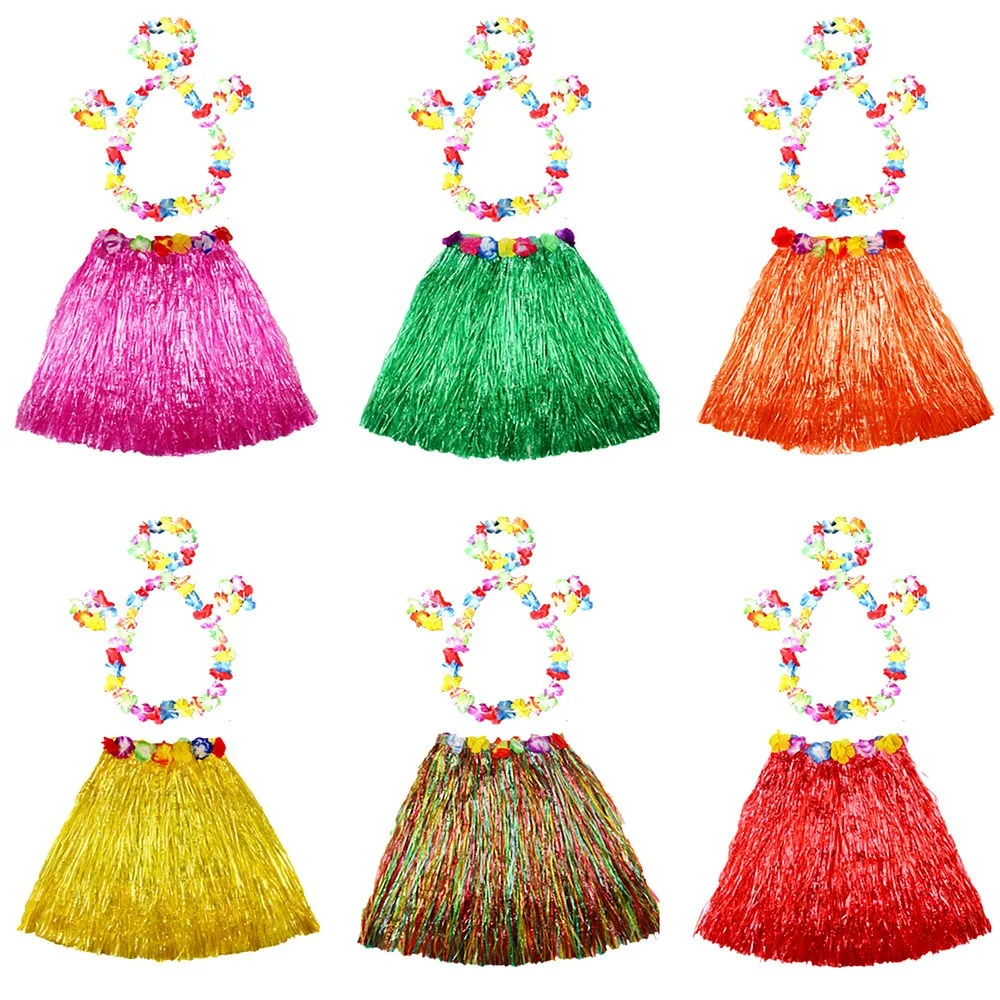 

5pc/set Hula Show Hawaii Fancy Dress Costume Set Garland Headband Bracelet Hawaiian Hula Skirt 40CM Full Charming Grass Dress