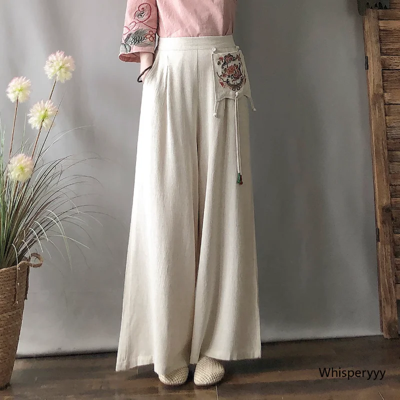

Ethnic Style Retro Elastic Waist Cotton Hemp Wide Leg Pants Women's Embroidery High Waist Solid Chinese Style Tradition Trousers