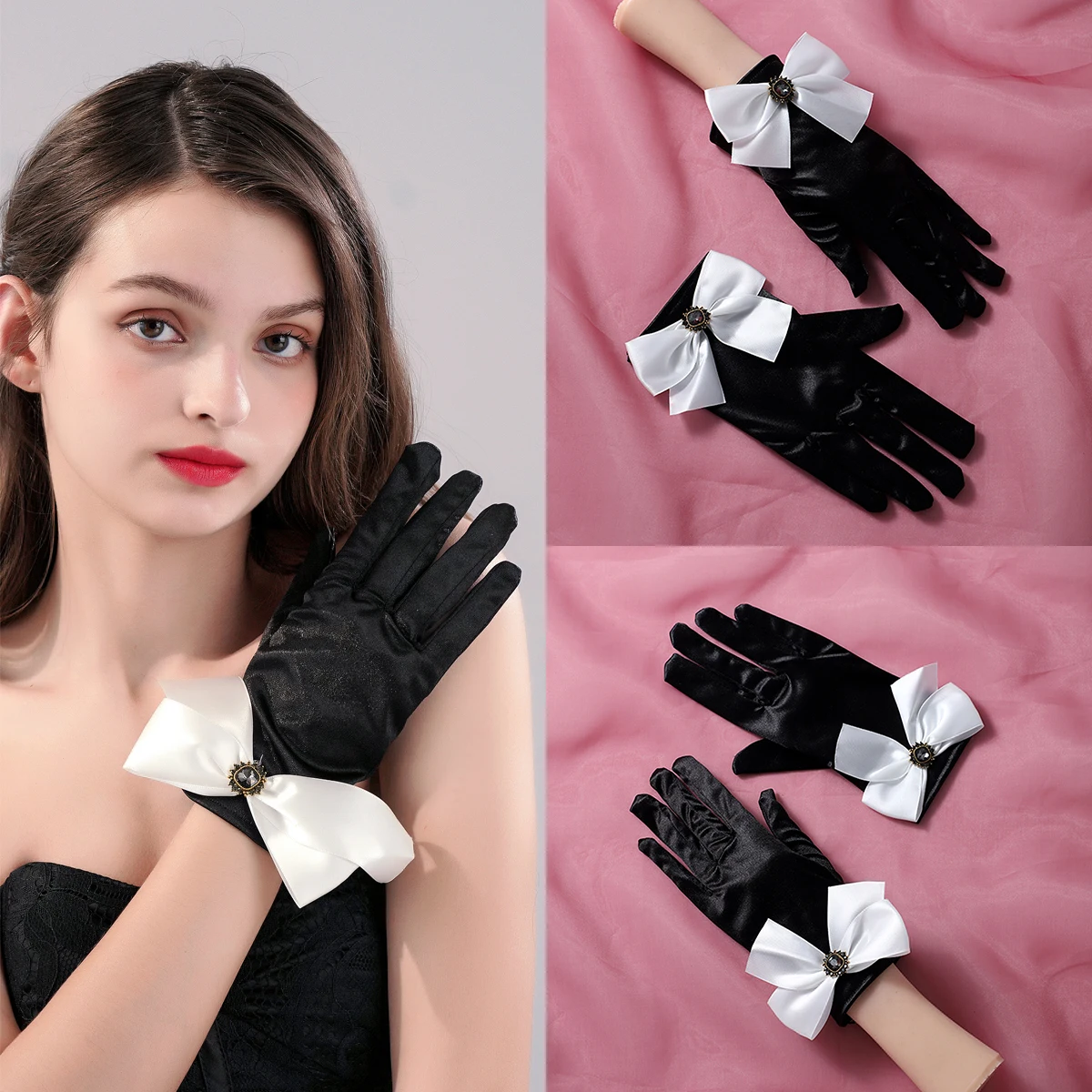 

A pair of black wrist length gloves with bow decorations suitable as accessories for bride weddings or women's dances