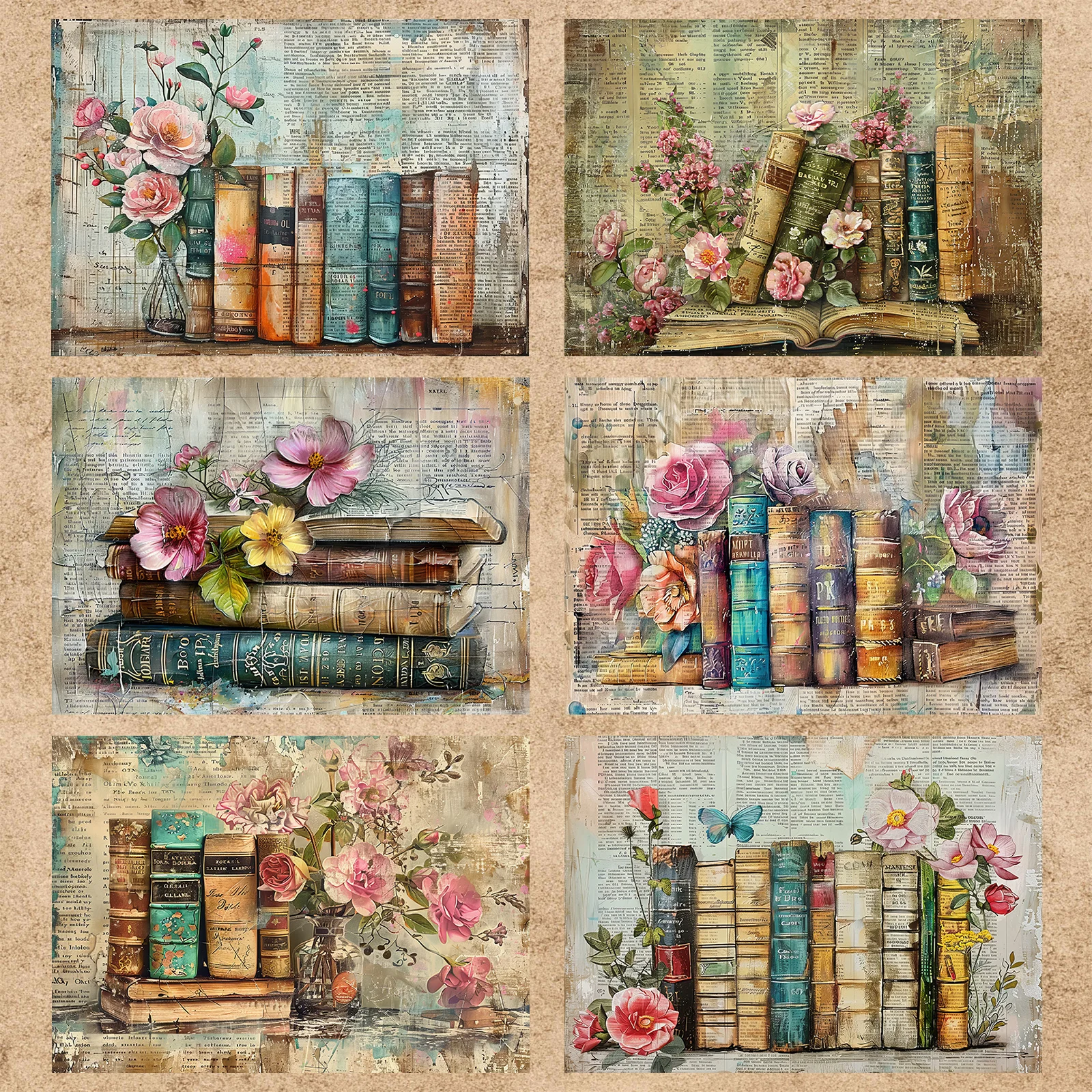 16 Sheets A5 Size Vintage Old Books Flowers Newspapers Words