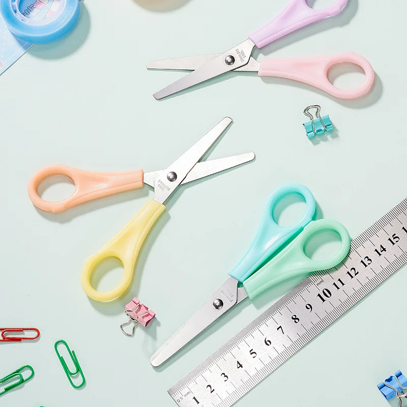 Creative Solid Colors Plastic Handle Stainless Steel Ruler Function Blade Simple Safe Children Students Study Homework Scissors 5