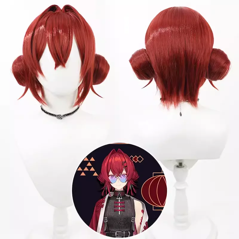 

Vtuber Ange Katrina Cosplay Wig Short Red Buns Synthetic Hair Heat Resistant Halloween Role Play Party Carnival + Free Wig Cap
