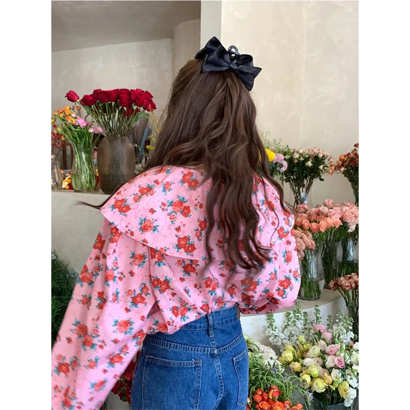 MEXZT Vintage Sweet Floral Shirts Women Cute Love Heart