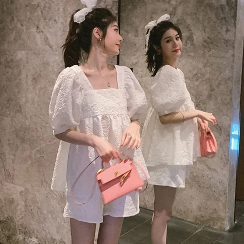 Pregnant Woman Clothes Set Solid Color Puff Sleeve Square Collar Shirts Belly Shorts Twinset Maternity Fashion Loose Suit