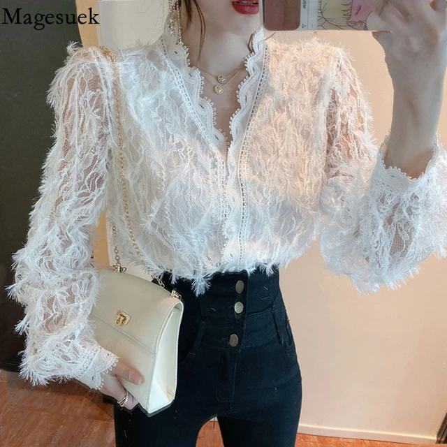 Vintage V-neck Long Sleeve Lace Blouse Women Tops Tassel White