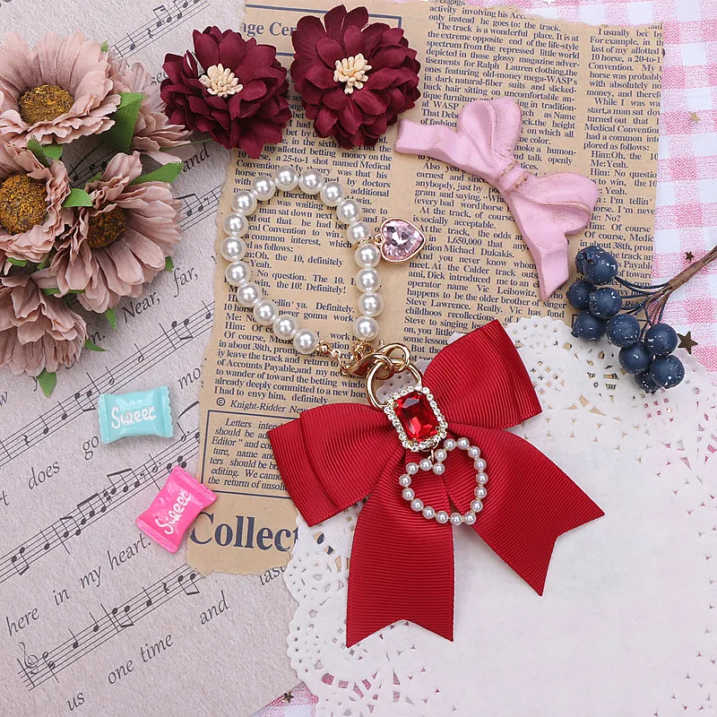 Handmade Sweet Cute Beaded Pearl Handbag Accessories Student Girls Bowknot Rhinestone Bag Pendant Japanese Lolita Bag Charms