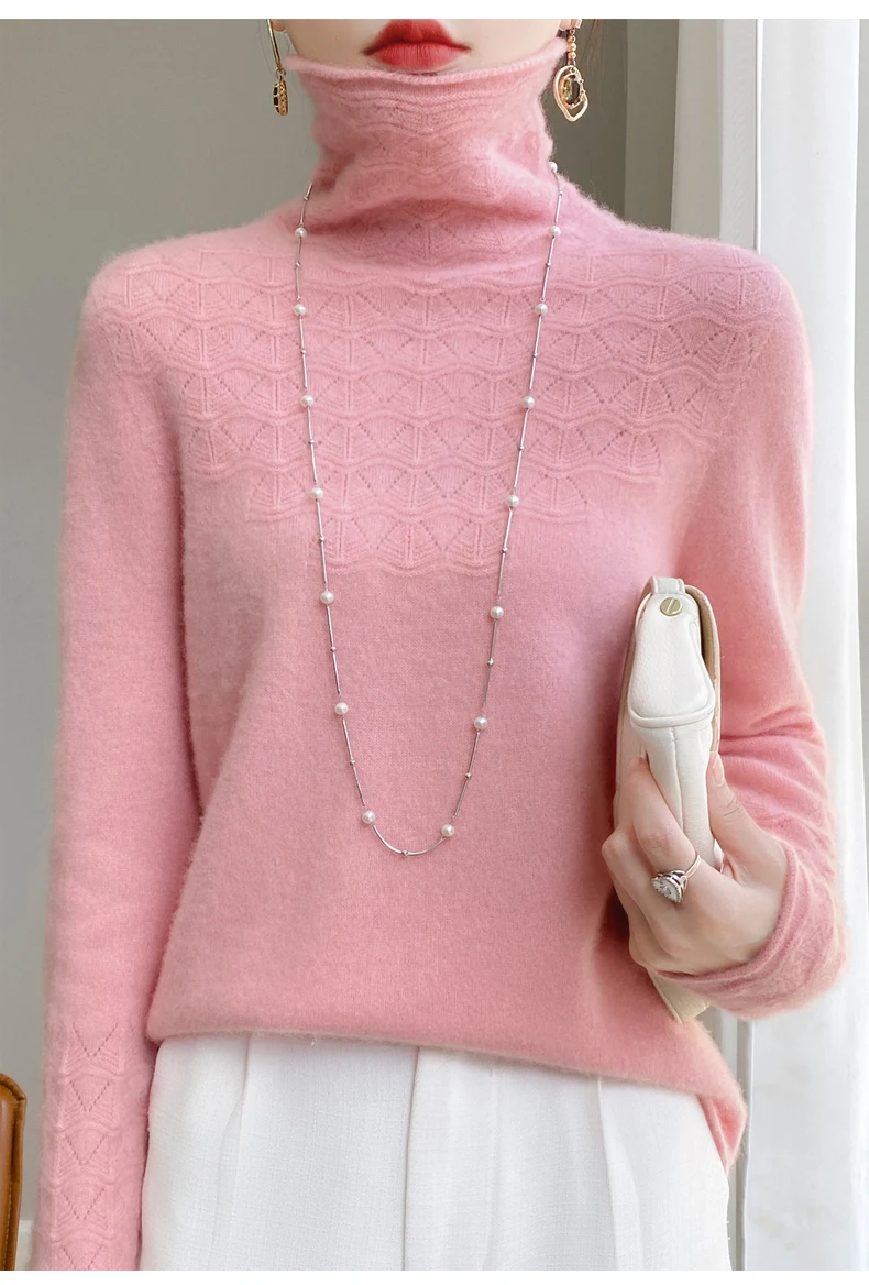 Women’s pure wool seamless collar pullover sweater in classic knit design pink