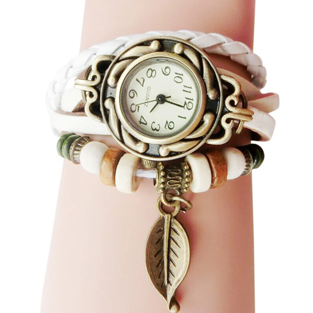 

Women Children Retro LeatherWinding Bracelet Leaf Pendant Watch