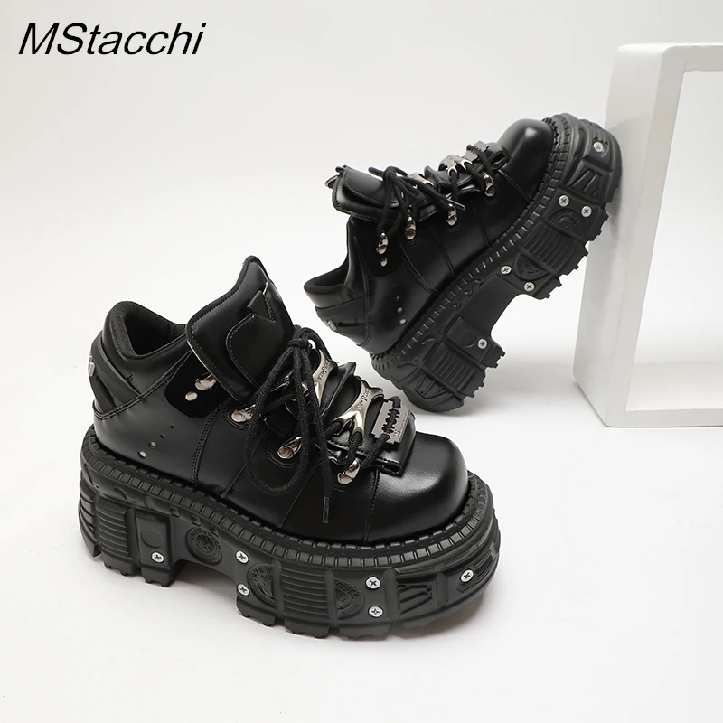Gothic Women Sneakers Rock 6cm Platform Shoes Punk Style Metal Decoration Heel Height Lace-up Rivet Thick Bottom Leather Shoes