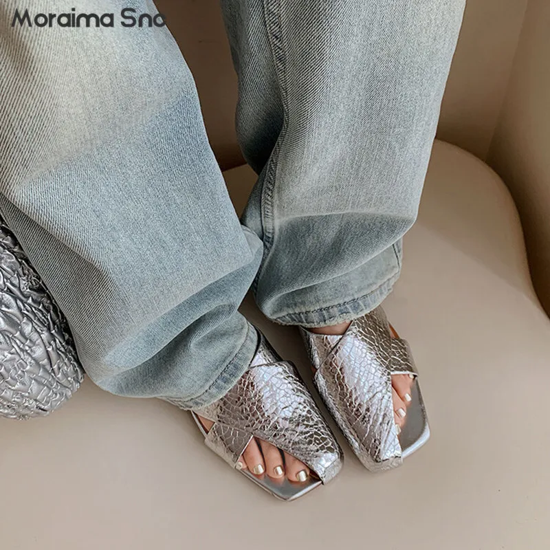 Full Leather Half-Open Toe Slippers Summer Square Head Low Heel Sandals Solid Color Hollow Fashion Women's Sandals