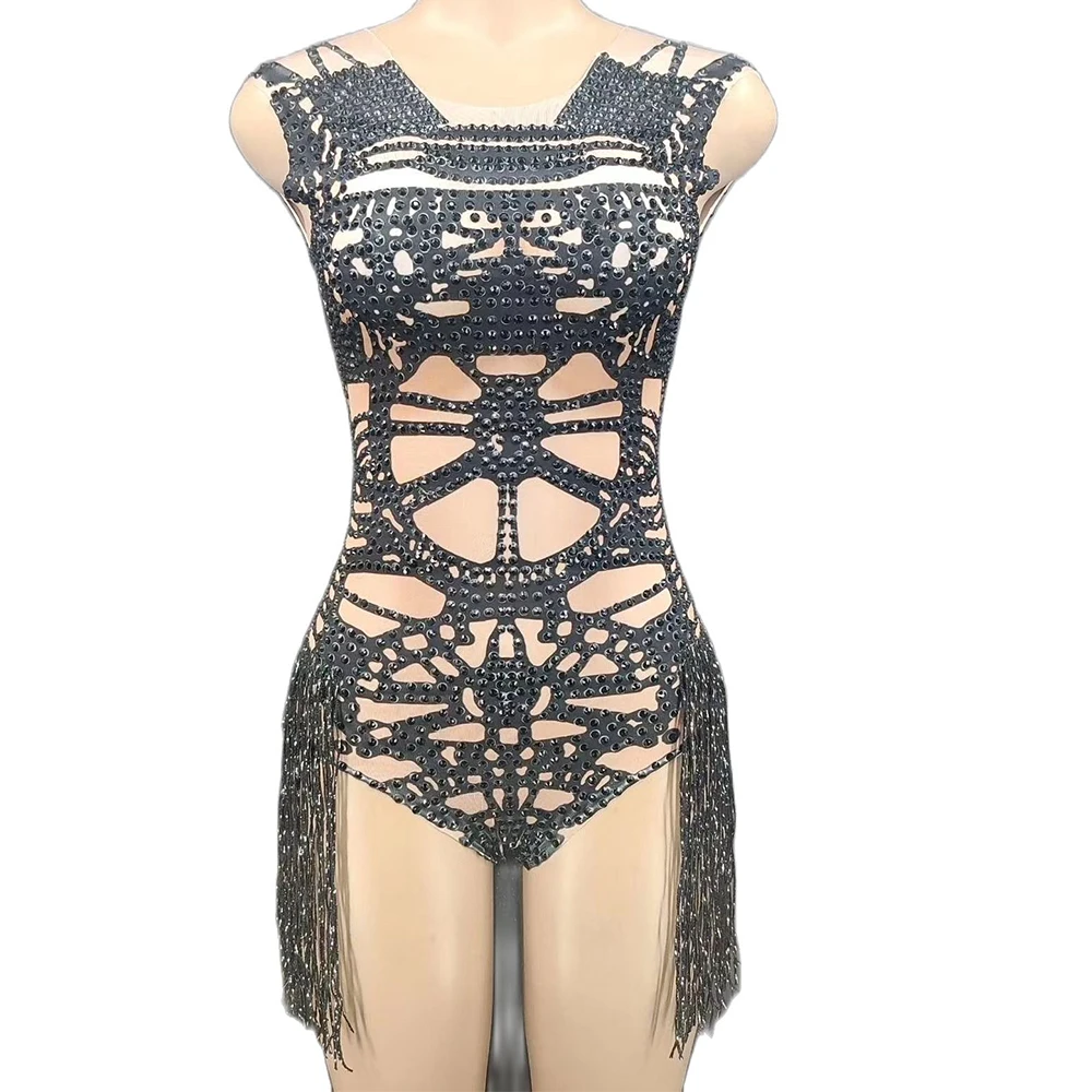 

Sparkling Diamonds Sleeveless Elastic Bodysuit Glistening Crystal Tassel Women Jumpsuits Nightclub Singer Performance Stage Wear