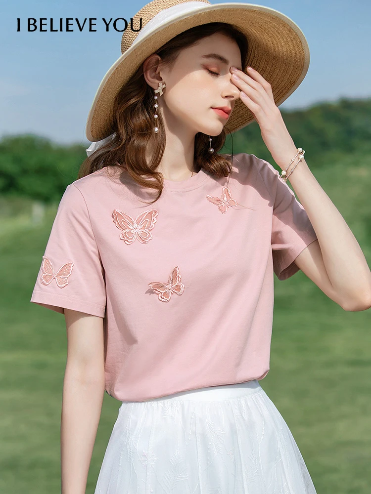 

I BELIEVE YOU Summer T-shirs Cool Tech Embroidery Soft T-shirts Gentle Slim Oneck Short Sleeve Cotton Woman Clothes 2222014367