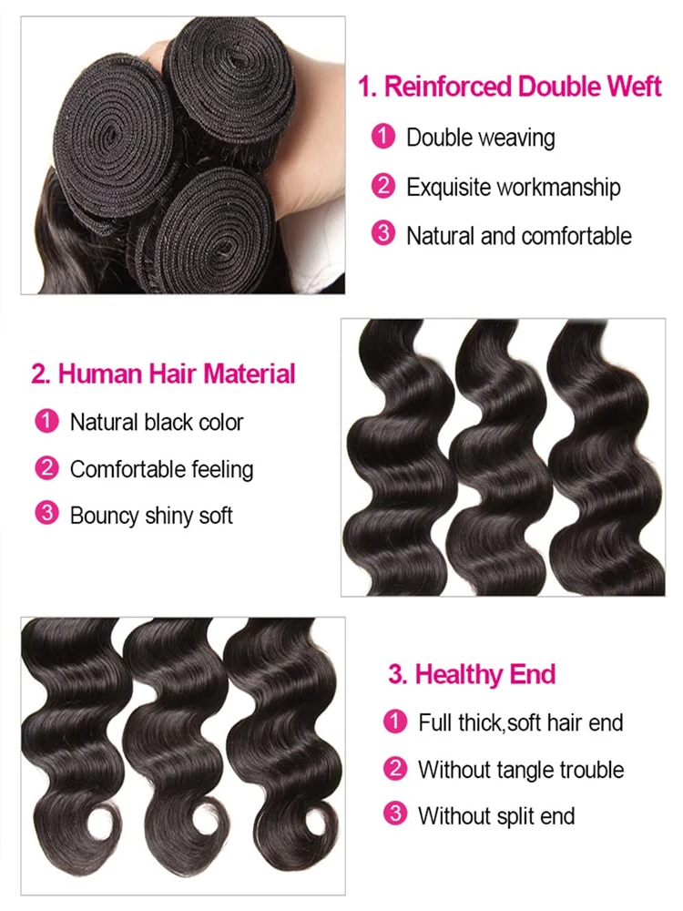 Body Wave Bundles Brazilian Hair Weave Human Hair Extensions Virgin 30 Inch Raw Natural Black 3 Bundles Deal for Women
