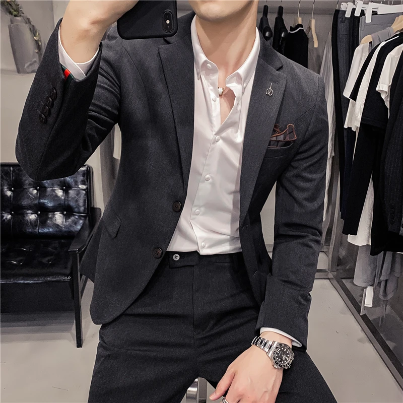 

Эксклюзивный (Блейзер + брюки) Boutque британская Корейская версия облегающий мужской привлекательный деловой блейзер с двумя пуговицами комплект из двух предметов