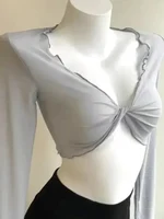 Haut court en dentelle vintage pour femmes, maille transparente, manches courtes, t-shirts à col en V, vêtements floraux à lacets, cardigans sexy 2