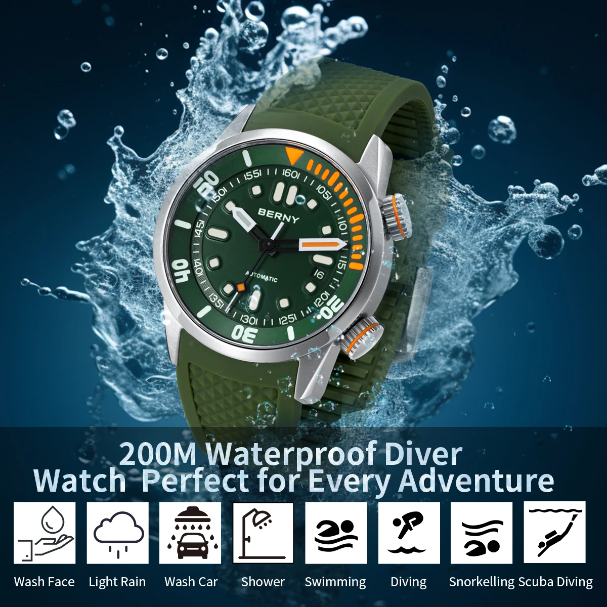 รูปสินค้า นาฬิกาผู้ชาย BERNY 20Bar DIVER ซิลิโคน ทนน้ำ ชิป Miyota 8215