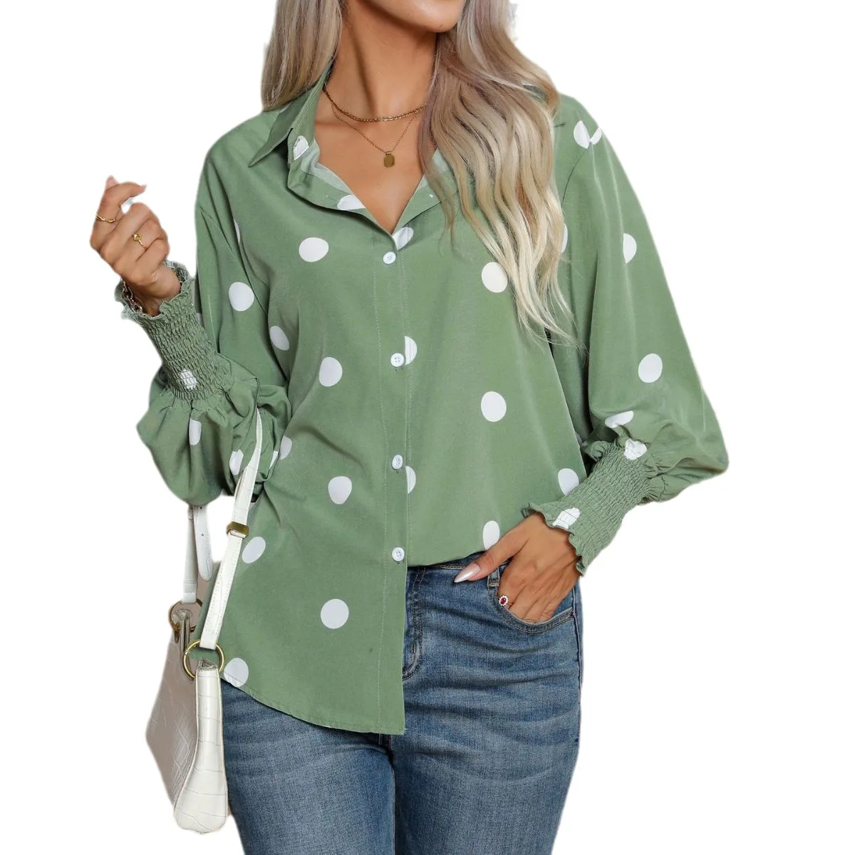 Women Loose Fit Lantern Sleeve Blouse Top for Spring Autumn
